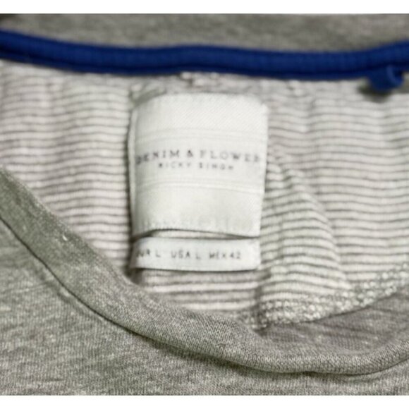 Denim & Flower Ricky Singh Colorblock White Gray Pinstripe T-Shirt Men's Large - Picture 2 of 9